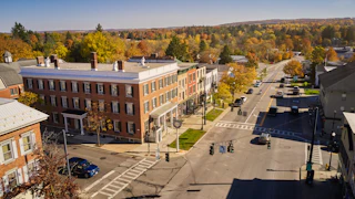 Aerial view of Albany Street, Cazenovia in the Fall